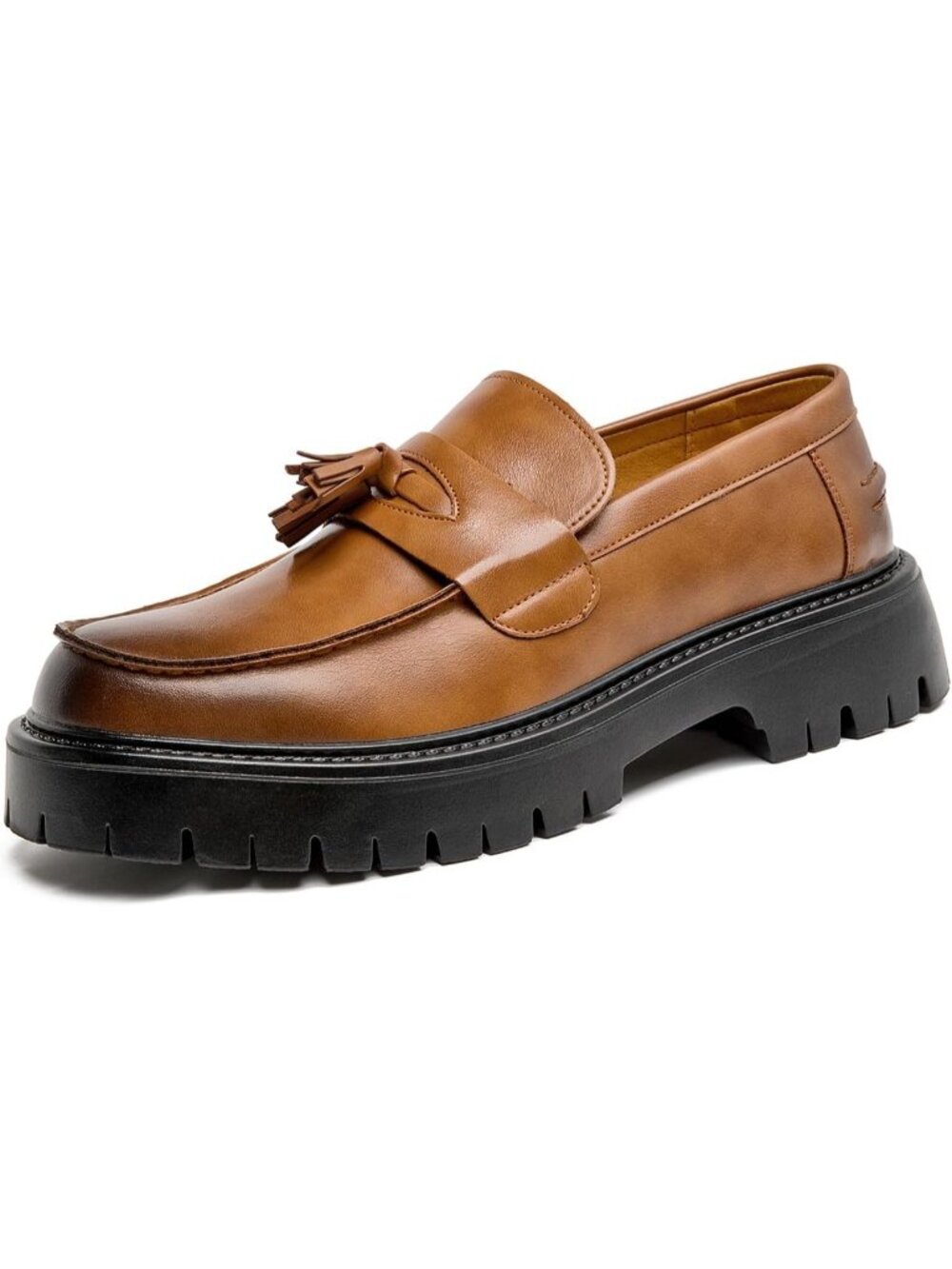 Men's Yellow Brown Patent Leather Loafers Tassel Slip On Platform Dress Shoes